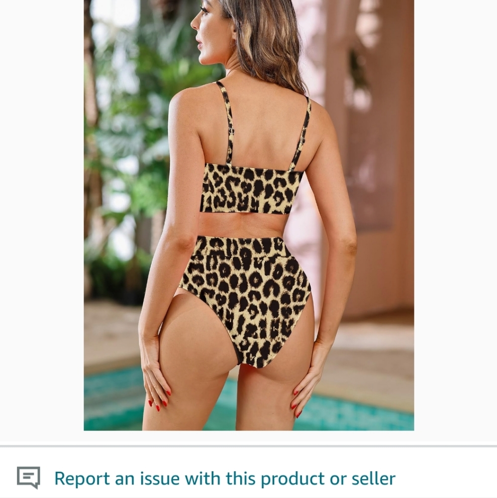 Women's 2 Pieces Bandeau Bikini Swimsuits High Waist Brown Leopard - Picture 5 of 11